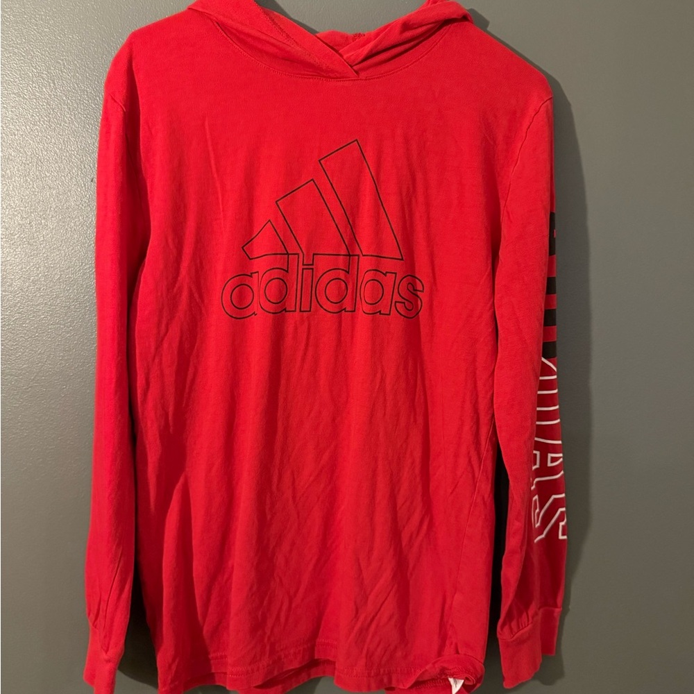 Adidas Hoodie Youth Size 10/12 Long Sleeve Red Hood Pockets Pullover